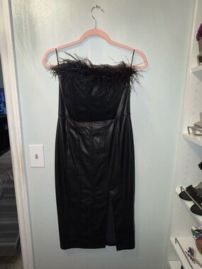 Black Strapless Faux-Leather Midi Dress with Feather Trim